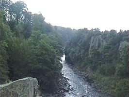View downstream to the River Tees from the top of the High Force Waterfall